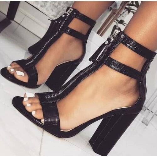 Moraima Snc Black Color High Heel Shoes Summer Open Toe T-strap Front Zip Thick Heels Shoes Cutouts Woman Sandal
