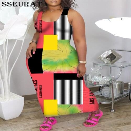 SSEURAT Women Print Sleeveless O-neck Bodycon Dress Sexy Party Club Midi Bandage Pencil Dresses