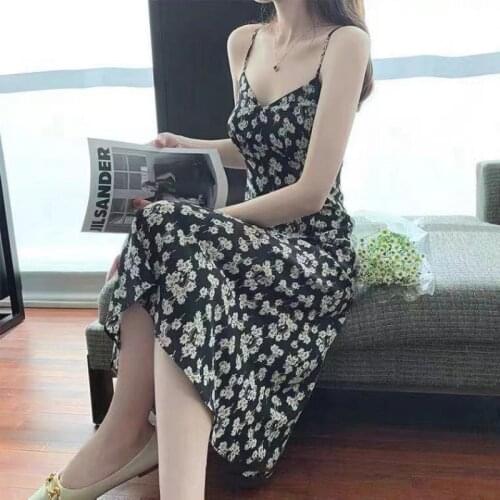 Suspender Dress Female 2021 Summer French Mid-Length Floral Skirt A-Line Skirt Summer Daisy New Waist Slimming