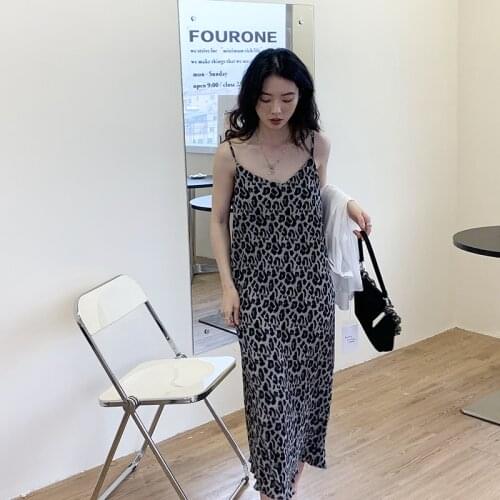 Retro Leopard Print Suspender Dress Summer New Style Female Skirt Temperament Korean Loose and Thin Mid-length Dress
