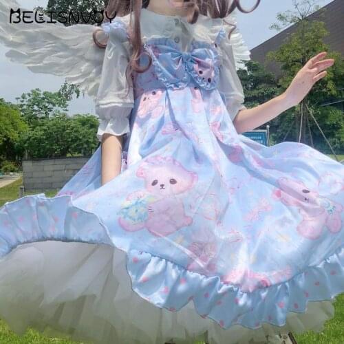 Japanese Sweet Gothic Lolita Dress Women Baby Bear Printed Lace Summer JSK Sleeveless Dress Bow Kawaii Princess Maid Dresses