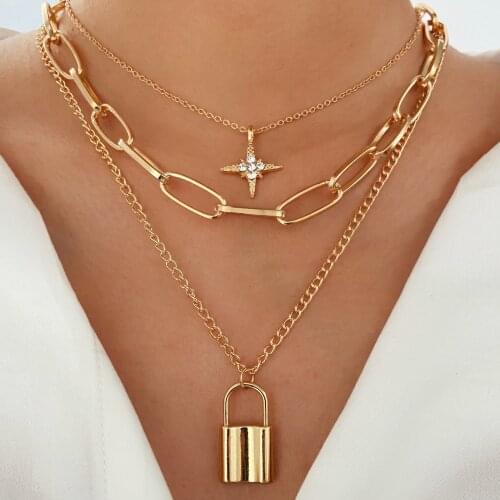 Vintage Multi-layer Lock Chain Choker Necklace for Women Gold Color Fashion Star Chunky Chain Necklaces Jewelry