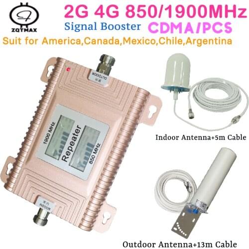 ZQTMAX cdma pcs smart signal amplifier mobile 2g 3g 4g repeater gsm 850 1900 signal booster set outdoor and indoor antenna kits
