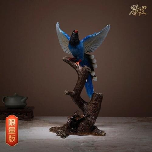 14.9 inches Chinese Art limited edition Pure Brass Urocissa caerulea Taiwan Blue Magpie Statue sculpture Home Furnishings Gift