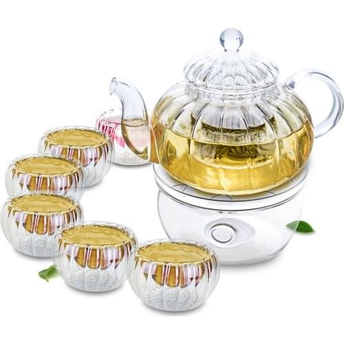 1x Pumpkin Shaped Glass Tea Set C-1*615ml Heat-Resisting Teapot+6x 35ml Cups+1*Round Warmer