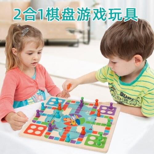 2 in 1 Flight Chess Board Game Snake Ladder Chess Wooden Party Family Games Learning Education Toys for Kids Children
