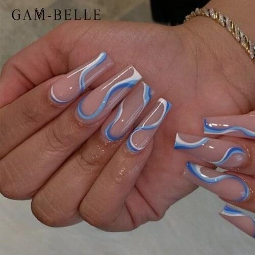 GAM-BELLE 24Pcs Extra Long Coffin False Nails Blue Wave Pattern French Full Cover Artificial Press On Nails Manicure Decoration
