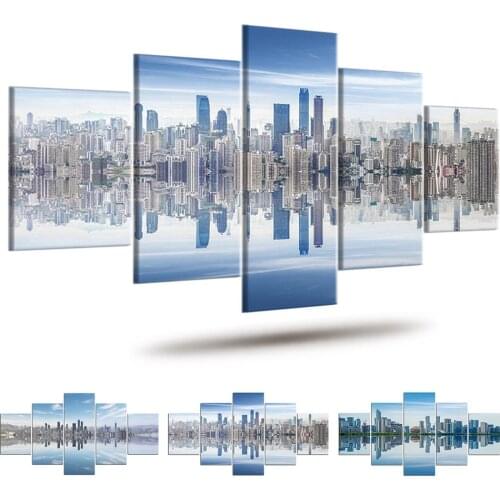 5 Panels Cityscape Canvas Painting Skyscrapers Wall Painting Poster Wall Art Pictures For Living Room Decor Framed