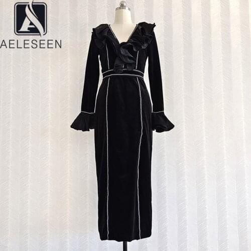 AELESEEN Runway Fashion Velvet Dress 2021 High Quality V-Neck Ruffles Flare Sleeve Beading Long Party Black Dress