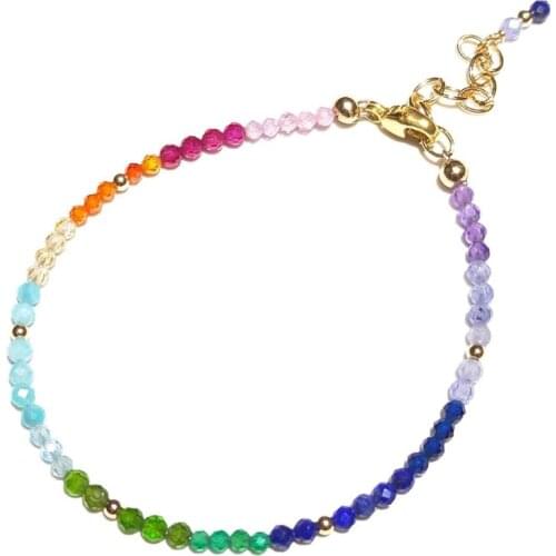Lii Ji Rainbow Bracelet 14K Gold Filled Multi Mini Stone Sparkling Beaded Bracelet 15+3cm For Children Women Christmas Gift