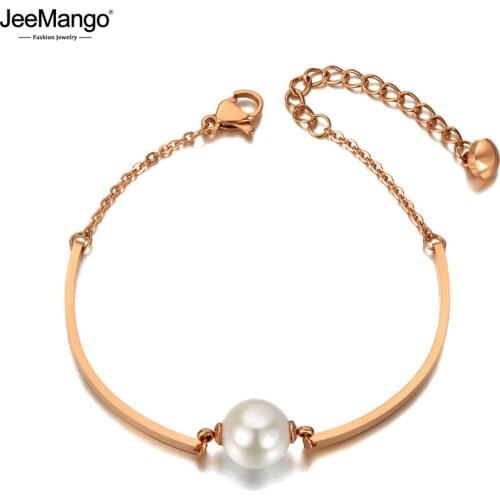 JeeMango Rose Gold Stainless Steel White Pearl Charm Bracelets For Women Trendy CZ Crystal Chain Link Bohemia Jewelry JB20104
