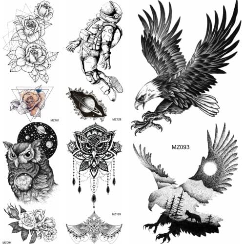 Black Owl Eagle Astronaut Cartoon Temporary Tattoos Fake Jewelry Tattoo Sticker Women Body Art Waterproof Flower Tatoos