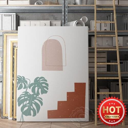 Morandi Colour Scheme Window Geometry Poster, Nordic Style Tropical Plant Vintage Simplicity Art Mural, Small Fresh Home Decor