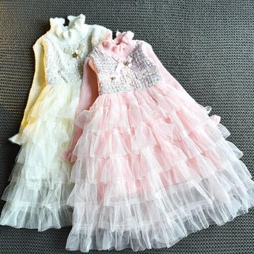 Girls Layered Dresses Autumn Winter Kids Pearl Knitted Mesh Dress 3-8 Years vestidos Children Birthday Wedding Party Clothes