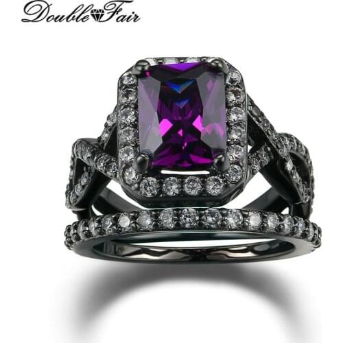 Purple Crystal Fashion Ring Set Black Gold Color Crystal Engagement Jewelry Wedding Rings For Women DFR480