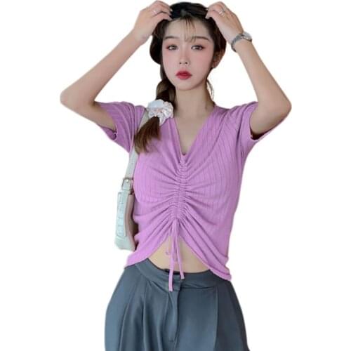 Sexy V-Neck Slim Fit Tee Women Fashion Casual Solid Color Drawstring T Shirt Summer Short Sleeve Knitted Tops