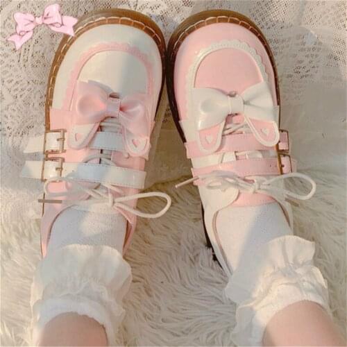 Harujuku Kawaii Girl Sweet Lolita Shoes Vintage Round Head Party Women Dress Shoes Cute Bowknot Patchwork Kawaii Shoes Loli Cos
