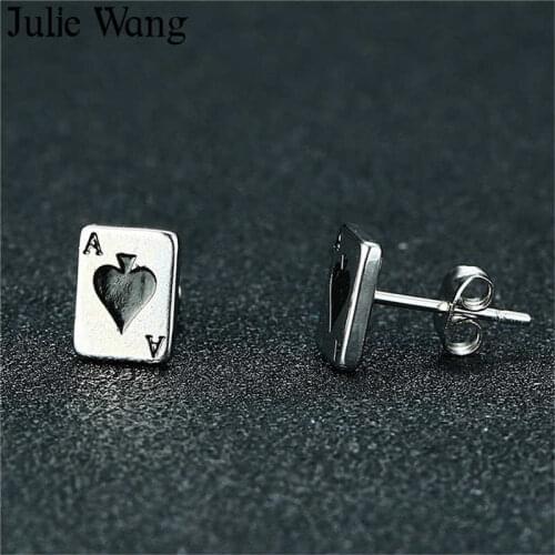 Julie Wang Spades A Stud Earrings Stainless Steel Poker Player Cards Earrings Women Wedding Earrings Fashion Punk Girl Jewelry