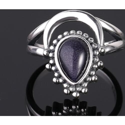 Vintage 925 Silver Jewelry Finger Rings For Men Women 7x9MM Water Drop Blue Sandstone Wedding Anniversary Party Gifts