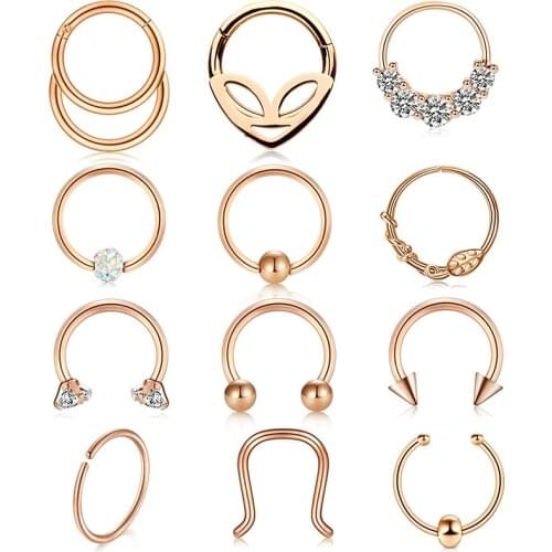 Septum Nose Rings Stainless Steel Nose Ring Hoop Tragus Cartilage Septum Clicker Ring Body Piercing Jewelry for Women Men 12Pcs