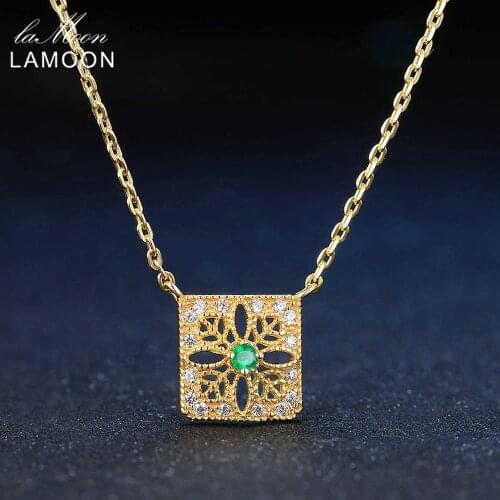 LAMOON 2mm 0.06ct 100% Natural Emerald 925 Sterling Silver Jewelry 14K Yellow Gold Plated Chain Pendant Necklace S925 LMNI018
