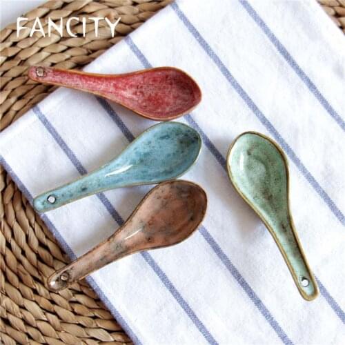FANCITY Small spoon, rice spoon, small soup spoon, four-color porcelain spoon into Japanese tableware