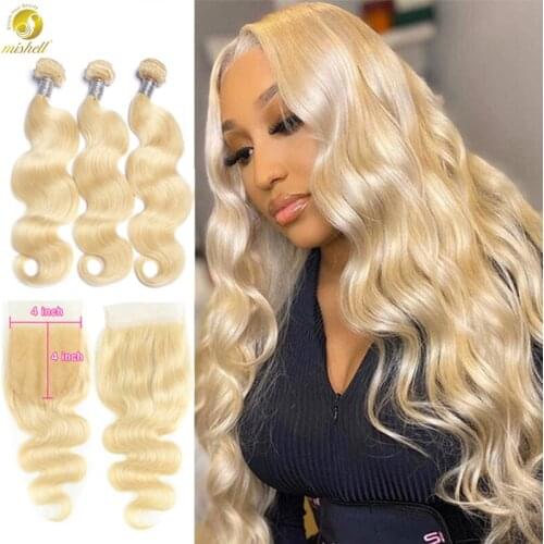 Mishell 613 Body Wave Honey Blonde Bundles With Lace Closure Brazilian Remy Human Hair 613 Transparent Frontal Water Weave Weft