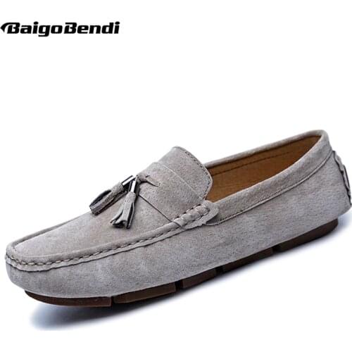US6-11 Big Size 45 Cow Suede Leather Mens Slip On Fringe Loafers Casual Tassel Moccasin Winter Warm Cotton Shoes