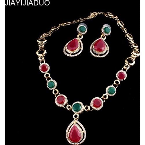 Jiayijiadu Bridal wedding jewelry set gold color necklace earrings set for women red / green resin inlaid retro noble dress gift