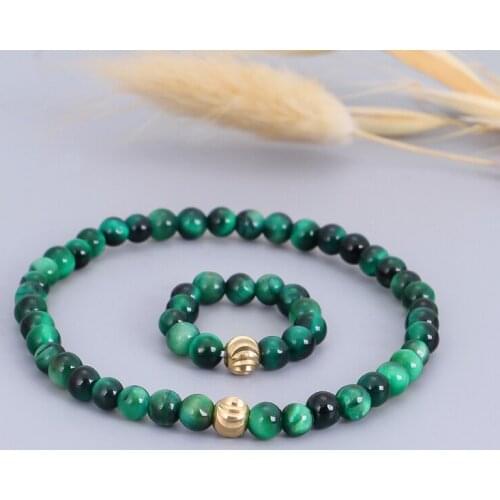 3MM Natural Green Tiger Eye Small Round Bead Handmade Elastic Bracelet Ring Jewelry Set