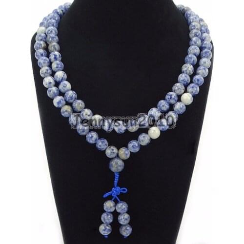 Natural Blue Spot 10mm Gems Stone Buddhist 108 Bead Prayer Mala Long Necklace Multi-Purpose Bracelet Necklace 5Strands/Pack