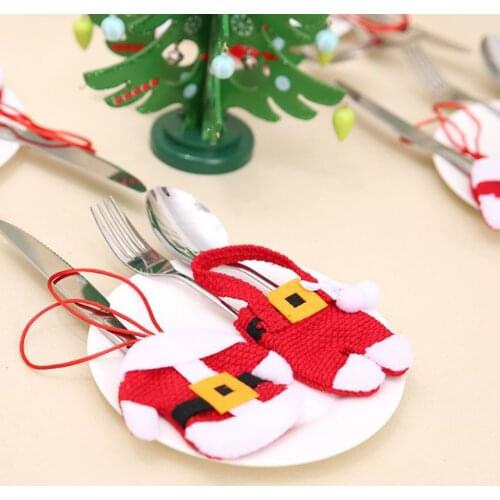 Santa Hat Reindeer Christmas New Year Pocket Fork Knife Cutlery Holder Bag Home Party Table Dinner Decoration Tableware