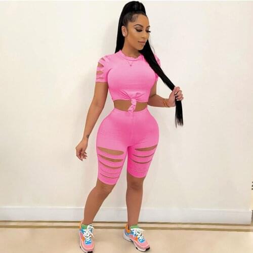 Solid Casual Two Piece Set Women Summer Clothes Ripped Hollow Out Short Sleeve T Shirt + Biker Shorts Sweat Suit Woman Sportwear