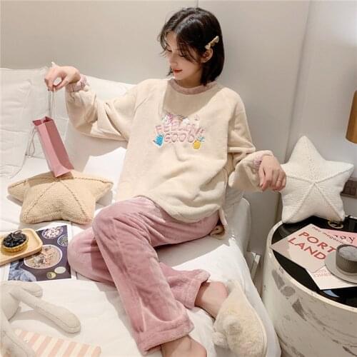 Winter new thick coral velvet solid color embroidery cute princess style home service plus velvet flannel pajamas for women