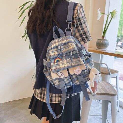 Korean Style Checked Canvas Womens Backpack Casual Shoulder Crossbody Bags for Women School Backpack Girl Book Bags Rucksack