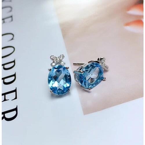 Natural blue topaz stud earrings 925 sterling silver natural gemstone earrings fashion round cross womenparty Earrings jewelry