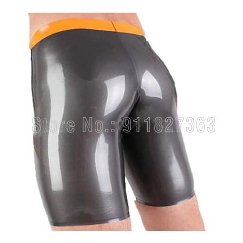 100% Latex Hot shorts with Snap and Zipper w hole fetish Under Pants Customized sexy natural handmade Black w Yellow Trim