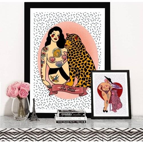 Nordic Abstract Line Canvas Posters Tattooed Girl Painting Wild Leopard Wall Art Print Pictures For Bedroom Interior Home Decor