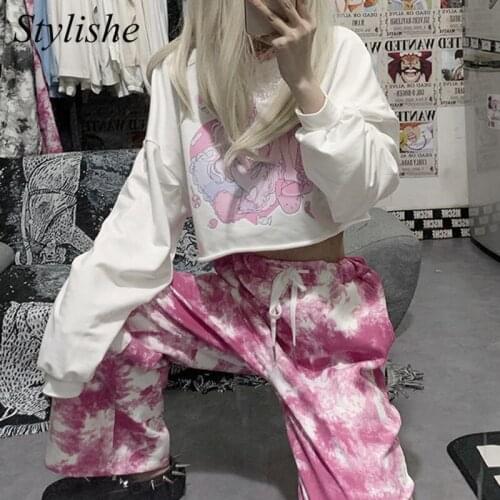 Cartoon Printed Cropped T Shirt Women Long Sleeve Harajuku Loose White Tshirts Female Autumn Tee Shirt Sweet Chic Girls Crop Top