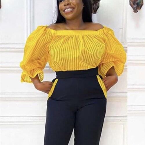 Sexy Shirts For Women In Bulks Yellow Slash Neck See Through Flare Sleeve Loose Off The Shoulder Fashion Elegant Blouse Shirts