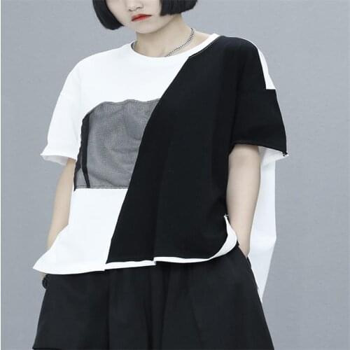 Summer 2021 new original simple black and white mesh splicing round neck loose short sleeve T-shirt womens top