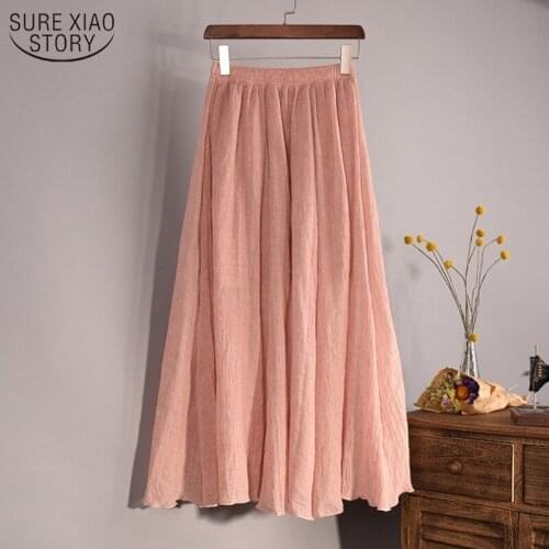 Girl Boho Beach Skirt Maxi Long Skirt Vintage Women Spring Summer Elastic Waist Cotton Linen Solid Pleated Long Skirts 9956