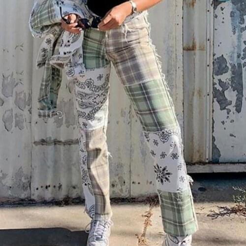 Women Jeans high waist Patchwork Straight Cotton Blend Checkerboard Denim Jeans for Daily Wear 2021 Summer pants for women