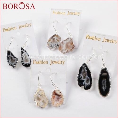BOROSA 5Pairs Silver Color Natural Agates Druzy Slice Dangle Earrings Jewelry Natural Drusy Quartz Drop Earrings for Women S0516