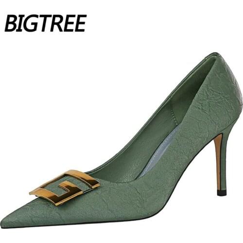 2021 New Woman Pumps Metal Square Buckle Pumps Women High Heels Fashion Banquet Shoes Stiletto Heels Bigtree Shoes Large Size 43