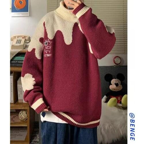 Turtleneck Black White Colorblock Vintage Design Knit Sweater Women Long Sleeve Plus Size Japanese Fashion Tops Winter Pullover