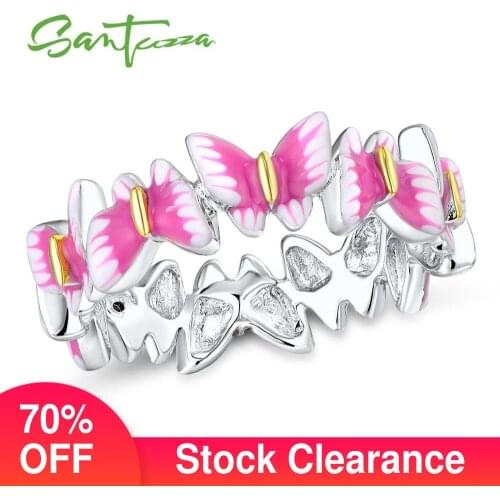 SANTUZZA Silver Ring For Women 925 Sterling Silver Cubic Zirconia Pink Butterfies Party Fashion Jewelry Handmade Enamel
