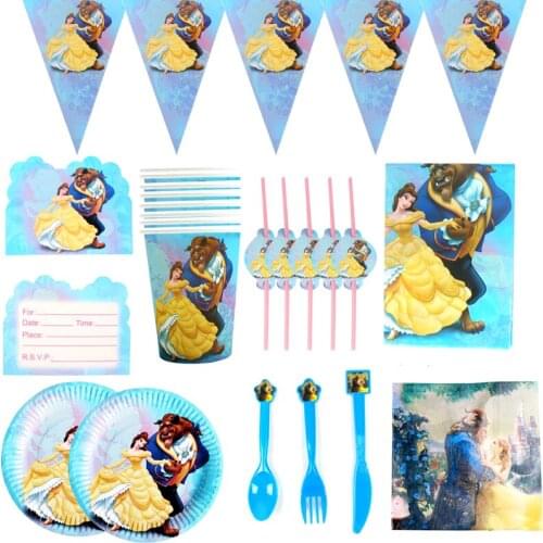 101pcs/lot BeautyAnd The Beast Theme Banner Invitation Cards Cups Straws Tablecloth Plates Spoons Forks Knife Napkins Tableware