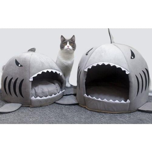 3 Colors Shark Shape House Warm Kennel Kittens Bed One Mats Two Usages Kennel Cat Beds Outdoor Tent Pet Products Cats Basket