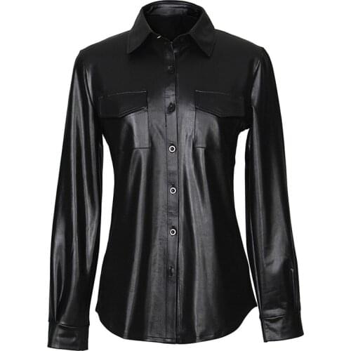 Nightclub Womens Sexy Womens PU Leather Long Sleeve Shirt Blouse Lady Fashion Striped Casual Top Shirt Elegant Business Shirts